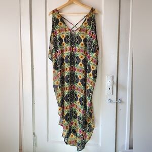 ASTR Sheer Floral-Geometric Cold-Shoulder Swim Coverup Kaftan Dress Tropical